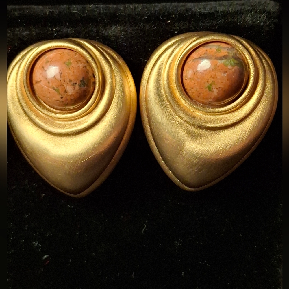 Ann Taylor Gold Clip On Earrings with Brown Stone